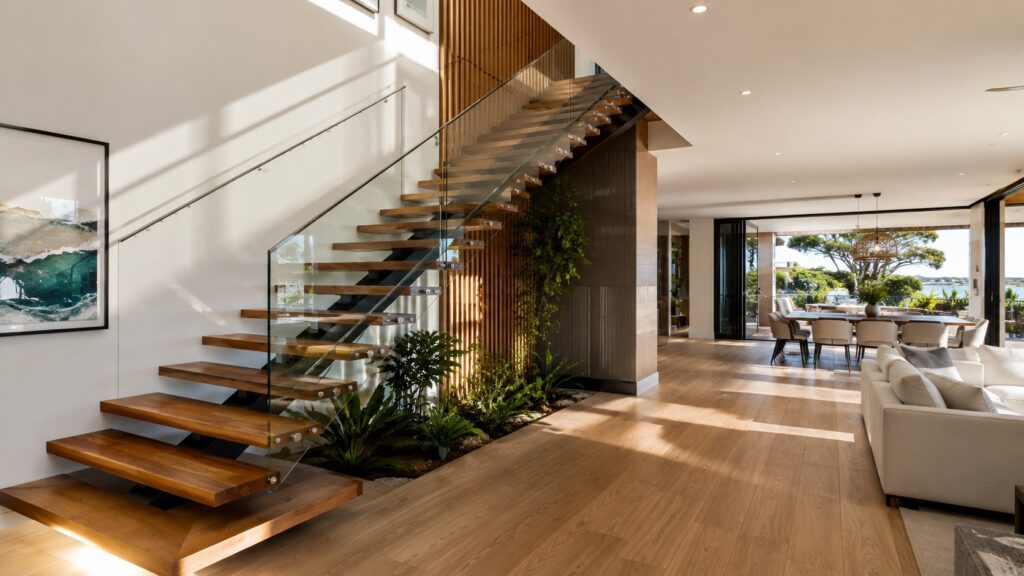 Modern floating timber staircase with frameless glass balustrade inside a contemporary home.