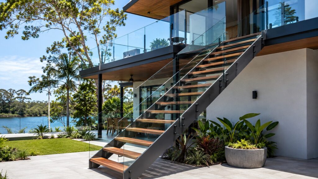 Steel-frame staircase with timber treads at a modern Queensland home.