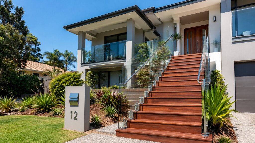 Modern Nerang home with a custom hardwood outdoor staircase and glass balustrade.