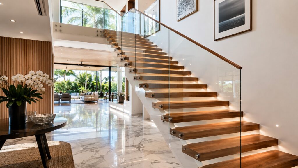 Floating timber staircase creating a striking entrance feature in a modern home.