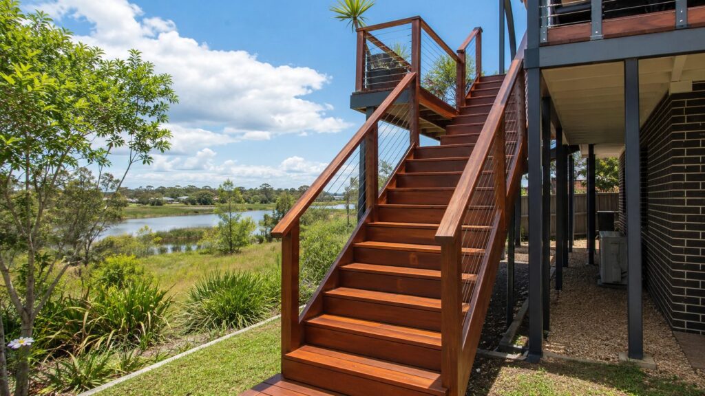 New hardwood outdoor staircase installed at an Arundel home near the wetlands.