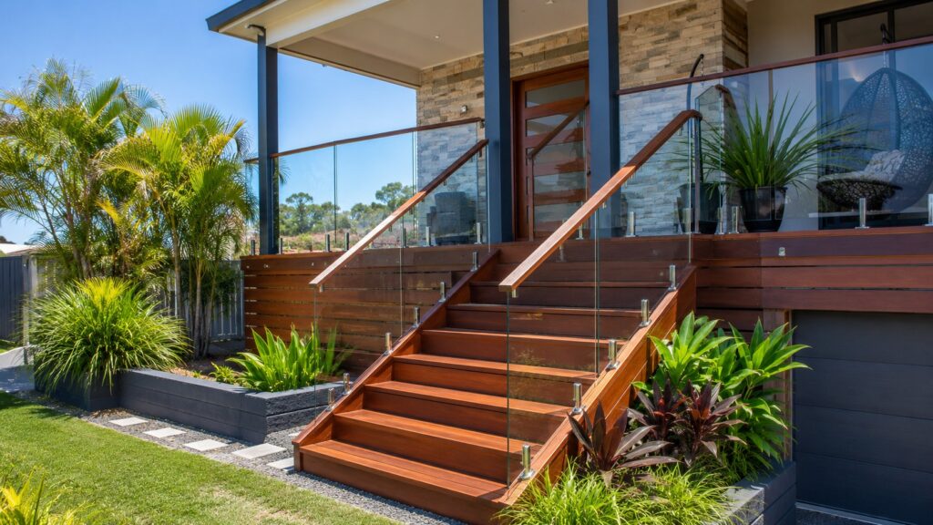 Modern Molendinar home featuring a custom hardwood outdoor staircase with glass balustrade.