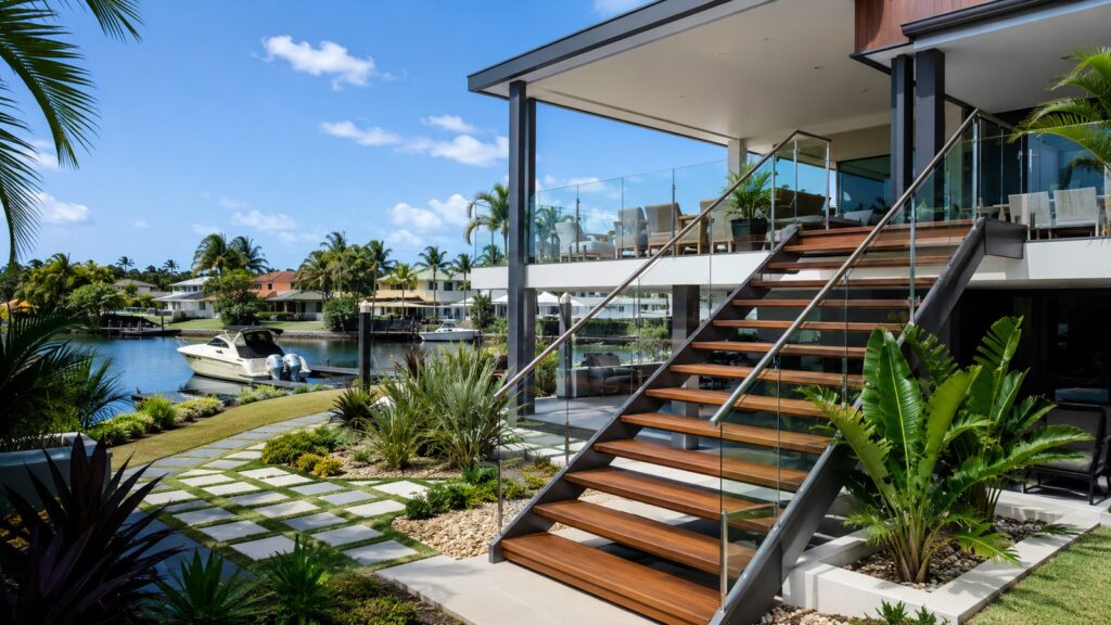 Luxury Paradise Point waterfront home featuring a custom hardwood staircase with glass balustrade.