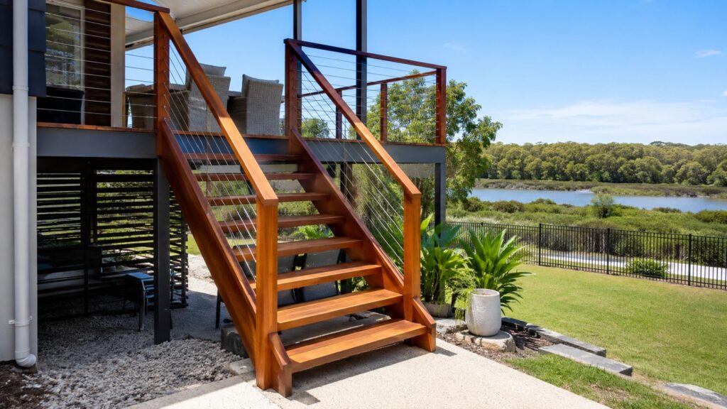 New hardwood outdoor staircase installed at an Arundel home overlooking nearby wetlands.