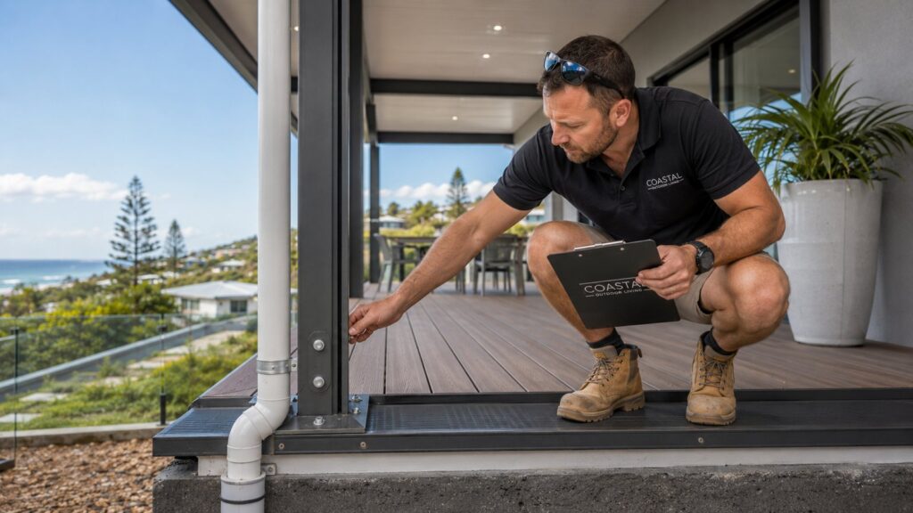 Builder checking fasteners, drainage, and structural details on a newly completed coastal patio.