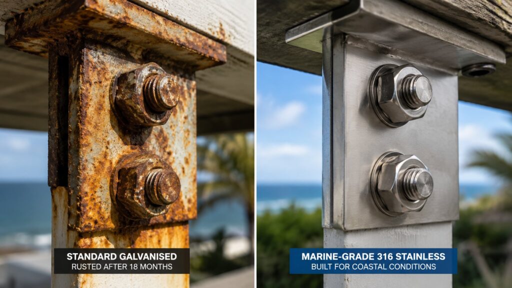 Patio Design Red Flags: 7 Signs a Builder Doesn't Know Coastal Conditions 1 Comparison showing rusted standard fasteners beside corrosion-resistant marine-grade stainless steel hardware.