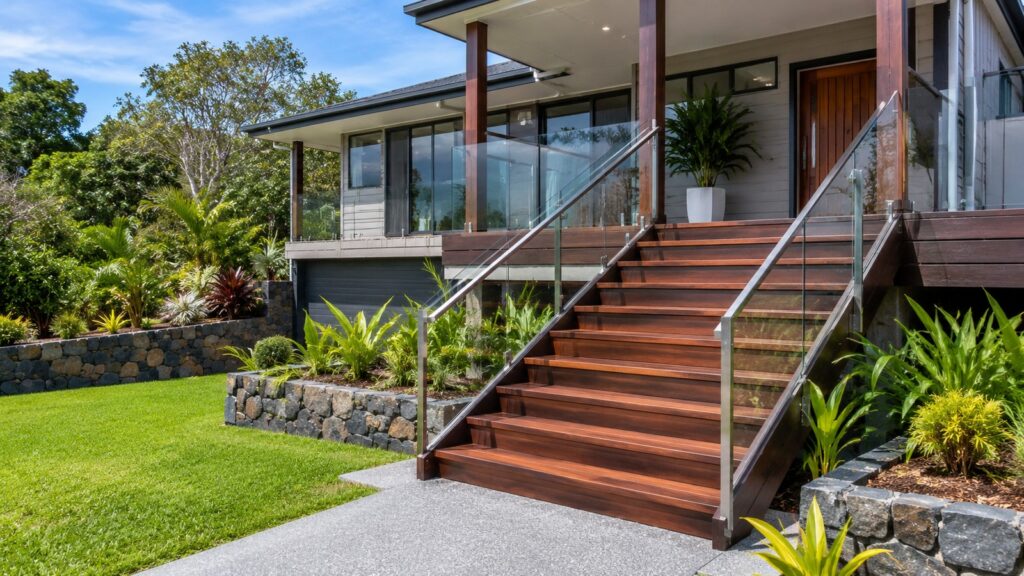 Modern Highland Park home featuring a custom hardwood front staircase with glass balustrade.