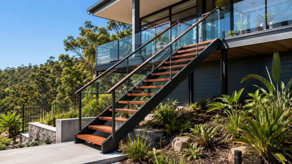 Modern external staircase with steel frame, timber treads and glass balustrade at an elevated home.