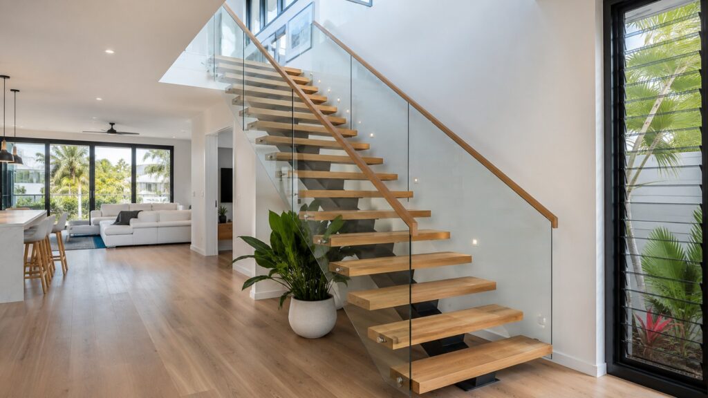 Open-riser timber staircase with frameless glass balustrade inside a modern home.