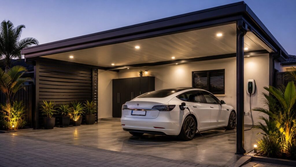 Carport Add-Ons That Improve Everyday Use (Not Just Looks) 2 Modern carport with LED lighting, insulated roofing, and an electric vehicle charging station.
