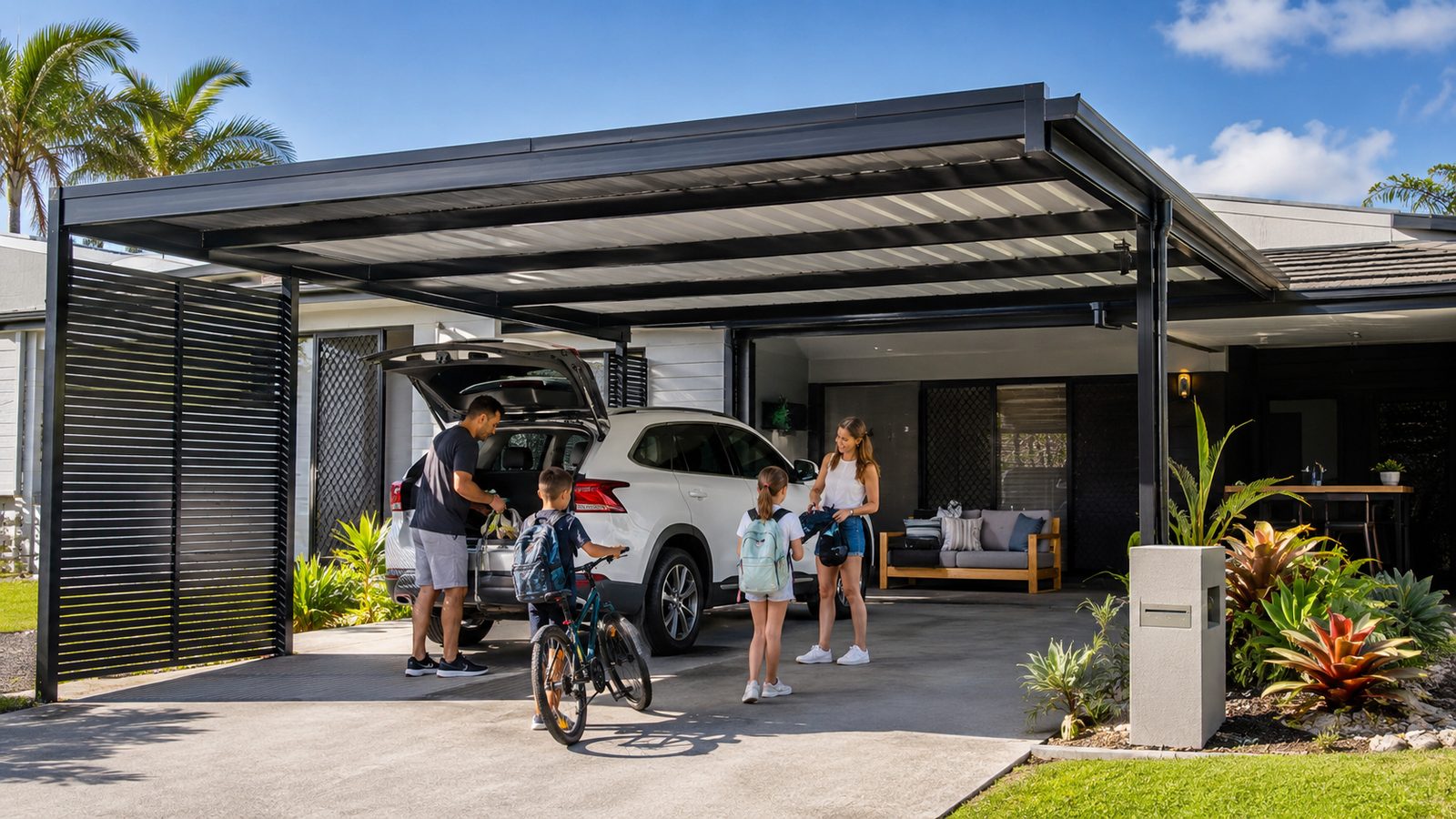 Modern Gold Coast carport being used by a family for parking, bike storage, and everyday activities.