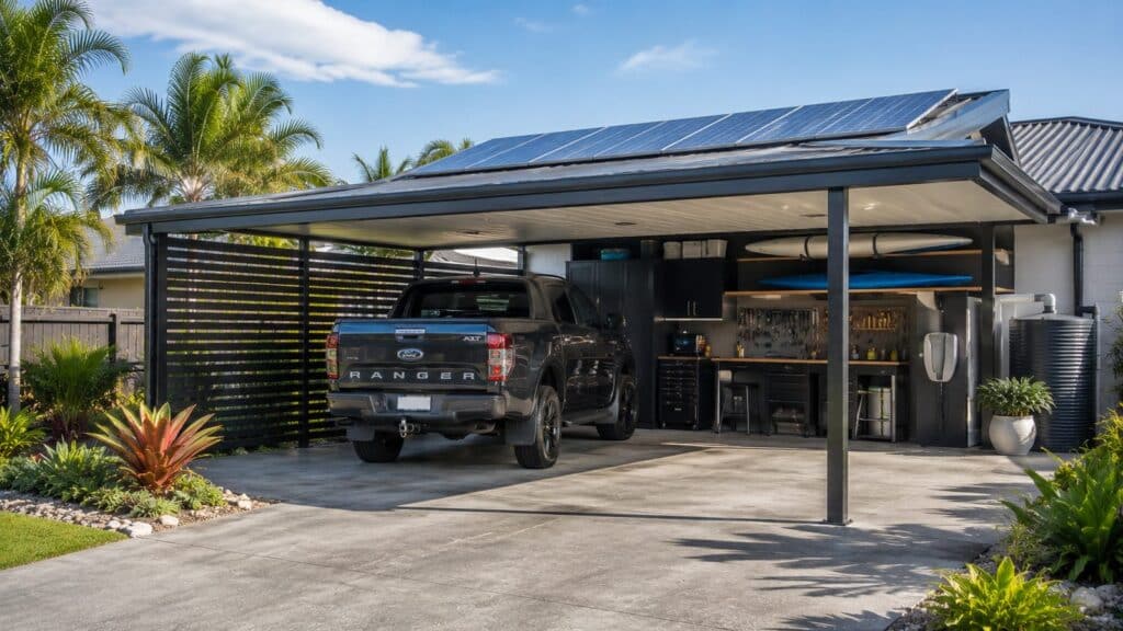 Carport Add-Ons That Improve Everyday Use (Not Just Looks) 3 Fully upgraded carport featuring solar panels, storage solutions, privacy screens, and outdoor workspace.