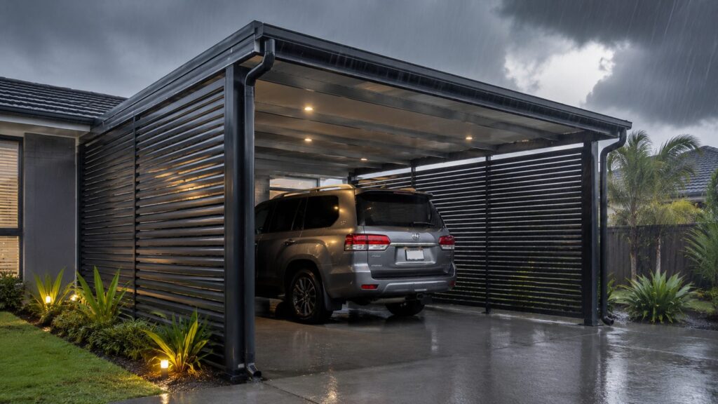 Carport Add-Ons That Improve Everyday Use (Not Just Looks) 1 Carport with aluminium side panels protecting a vehicle from heavy rain and strong winds.