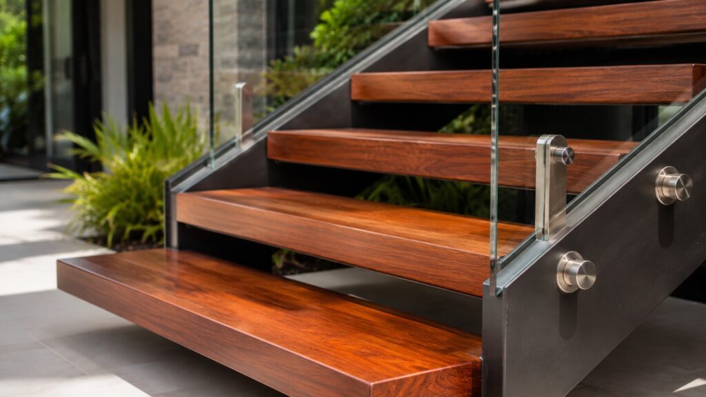 Close-up of premium hardwood, steel and glass staircase materials.