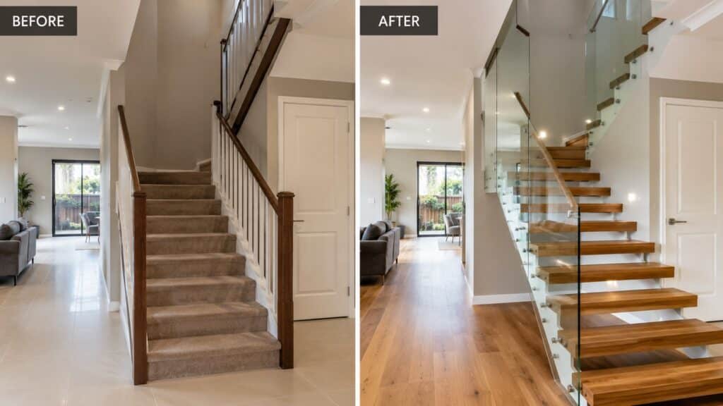Builder-grade staircase upgraded to a modern hardwood staircase with glass balustrade.