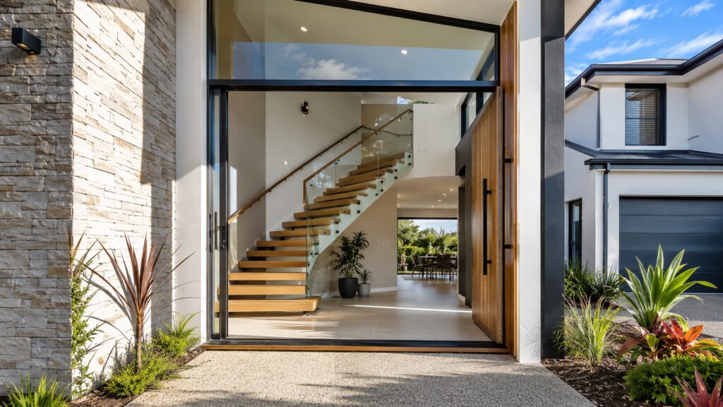 Modern Coomera home featuring a premium floating timber staircase with glass balustrade.