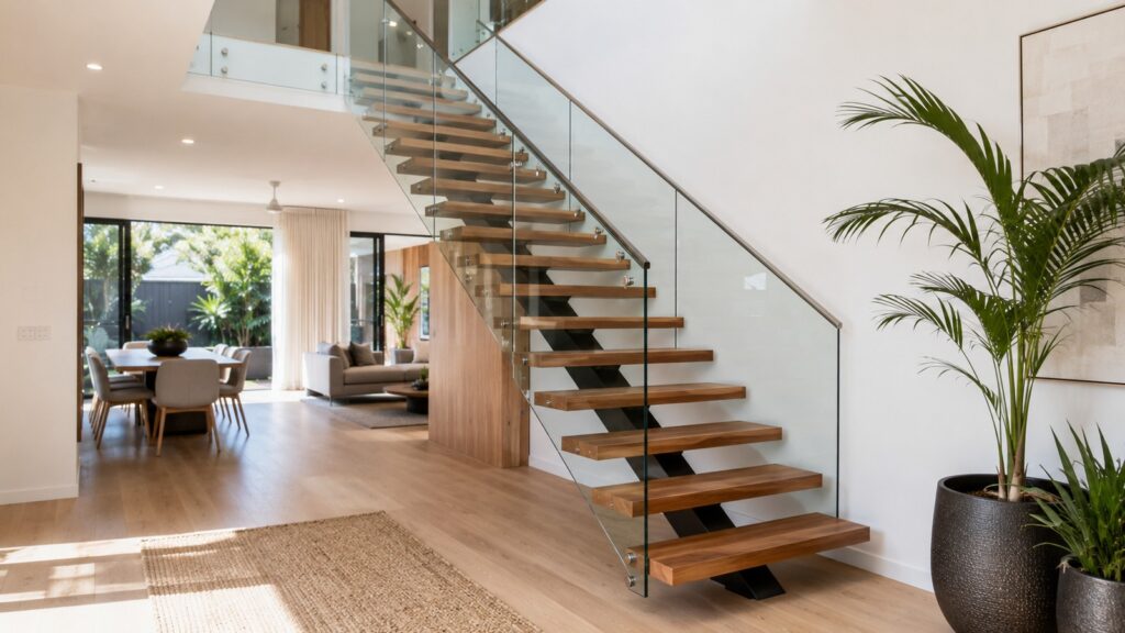Modern floating hardwood staircase inside a renovated Parkwood home.