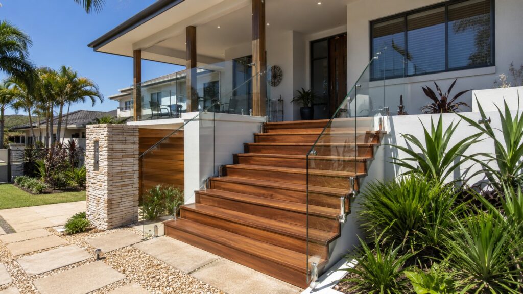 Modern Parkwood home with a custom hardwood staircase and frameless glass balustrade.