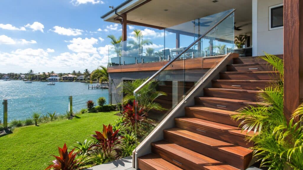 Premium hardwood outdoor staircase at a modern Labrador waterfront home overlooking the Broadwater.