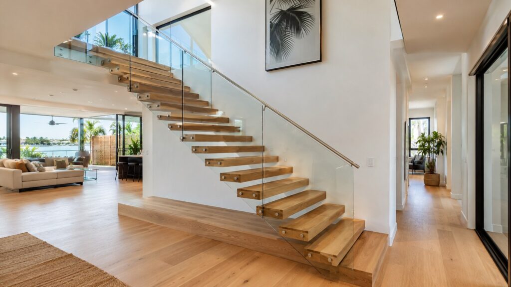 Contemporary floating timber staircase with frameless glass balustrade inside a modern home.