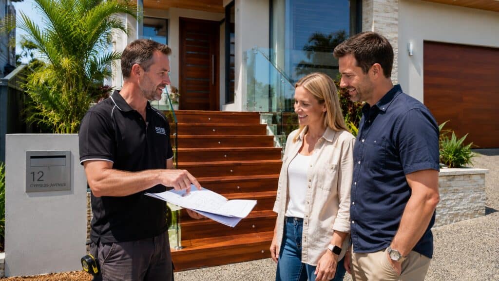 Staircase builder discussing a completed custom staircase project with homeowners in Southport.