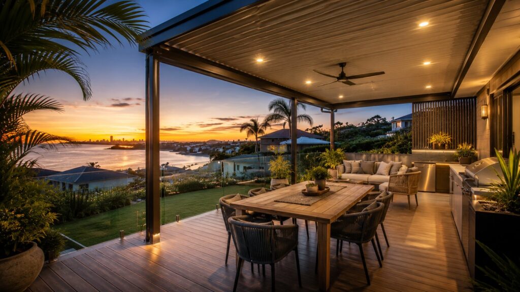 Patio Design Red Flags: 7 Signs a Builder Doesn't Know Coastal Conditions 3 Finished premium coastal patio at sunset showcasing quality materials and professional workmanship.