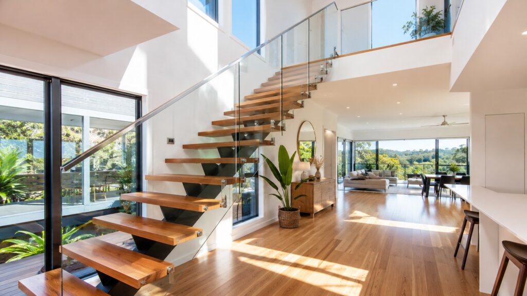 Stairs Worongary 2 Contemporary floating timber staircase inside a modern Worongary home.