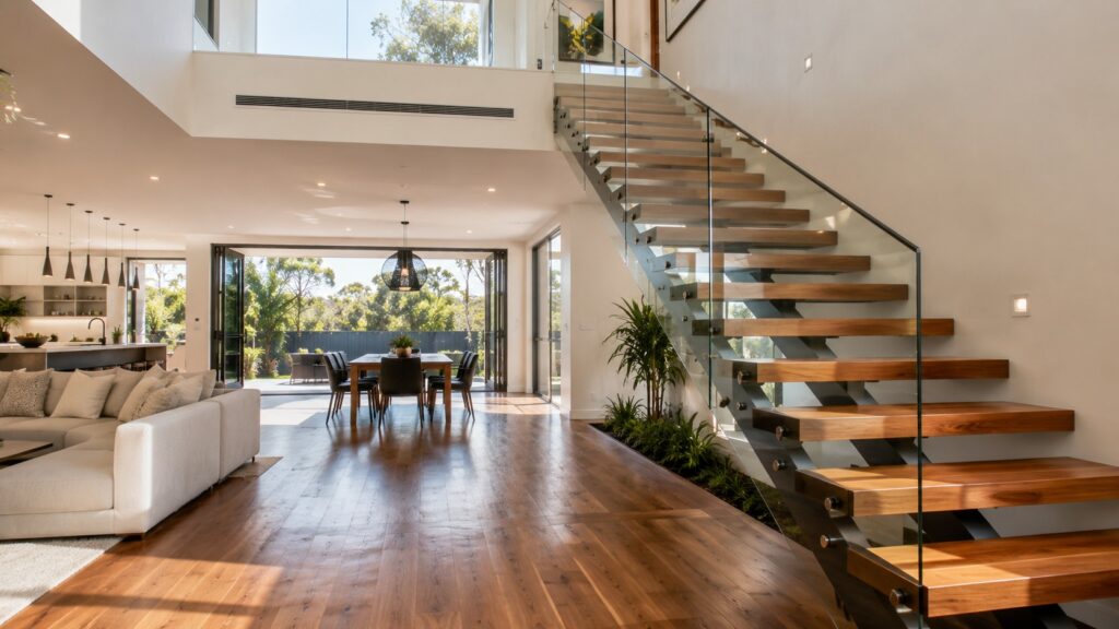 Modern indoor floating timber staircase with frameless glass balustrade.