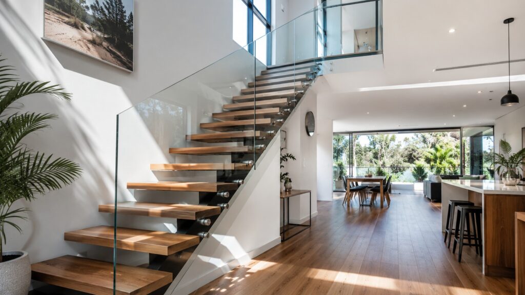 Modern interior featuring a floating hardwood staircase with frameless glass balustrade.