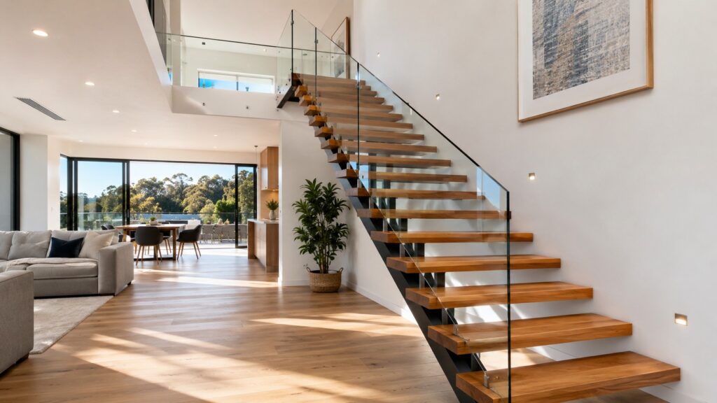 Contemporary floating hardwood staircase inside a modern Australian family home.