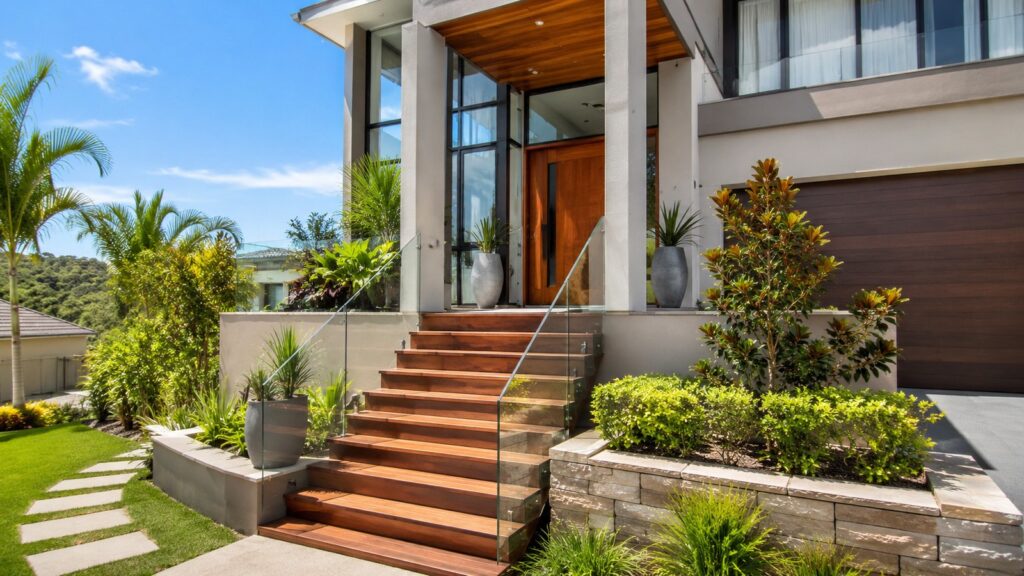 Luxury Robina home featuring a custom hardwood staircase with frameless glass balustrade.