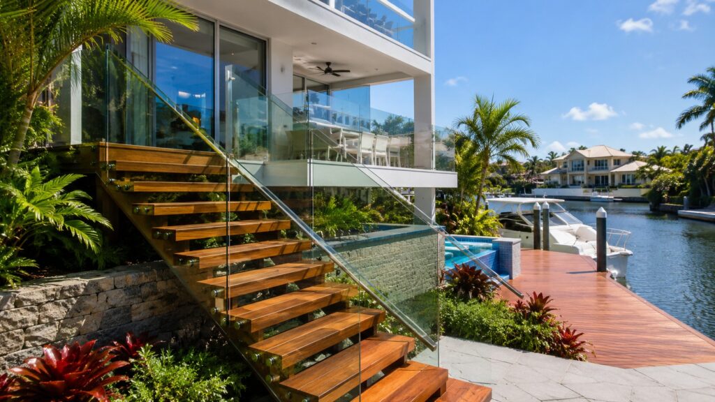 Luxury Hope Island waterfront home featuring a custom hardwood staircase with frameless glass balustrade.
