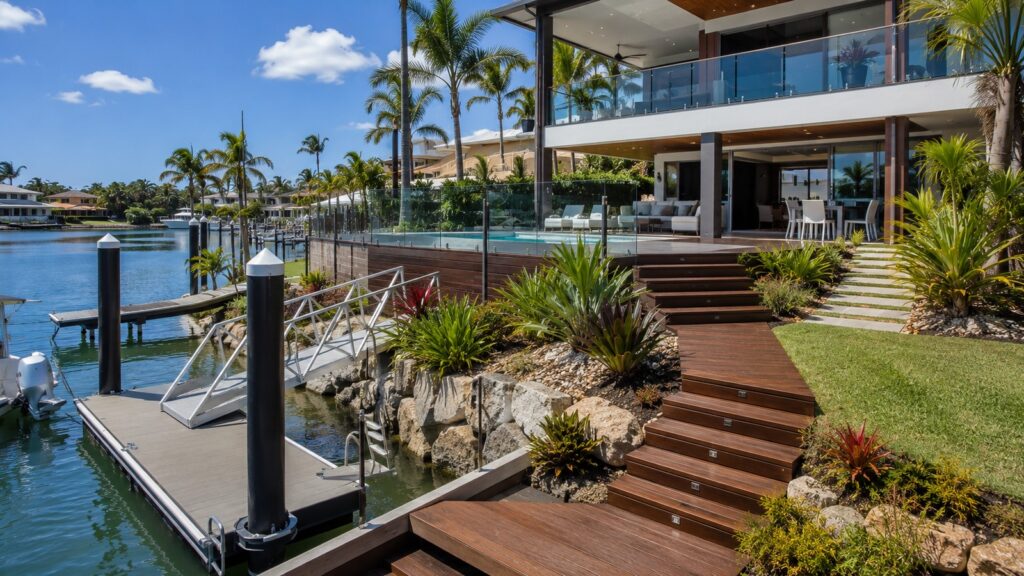 Coordinated outdoor stair system connecting a waterfront home, deck and private pontoon.