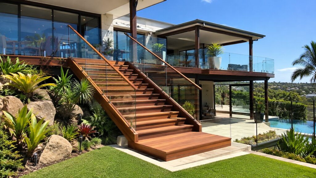 Custom hardwood staircase connecting split-level decks at a luxury Carrara acreage home.