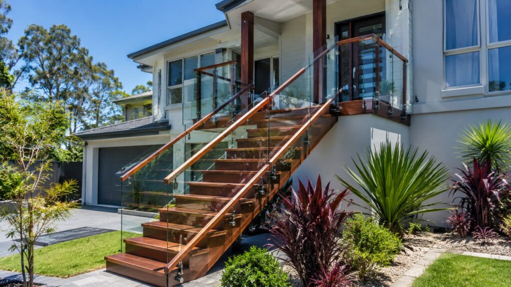 Modern Helensvale home featuring a custom hardwood staircase with glass balustrades.