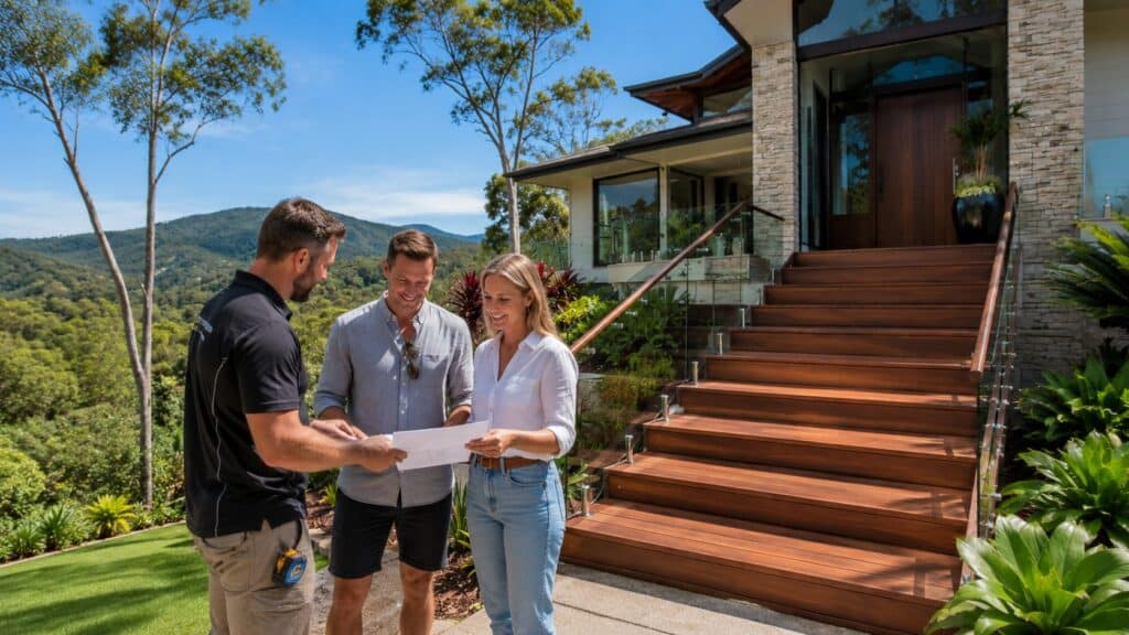 Professional staircase builder discussing a completed staircase project with homeowners at a Tallai property.