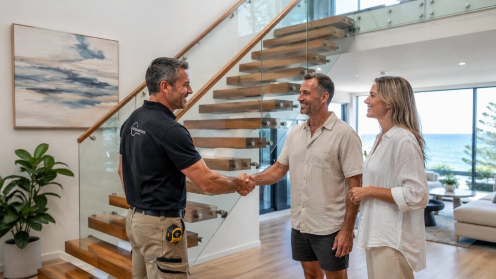 Professional stair builder handing over a completed custom staircase project to satisfied homeowners.