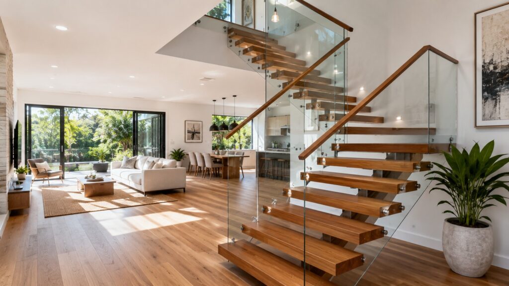 Floating hardwood staircase with frameless glass balustrade inside a modern home.