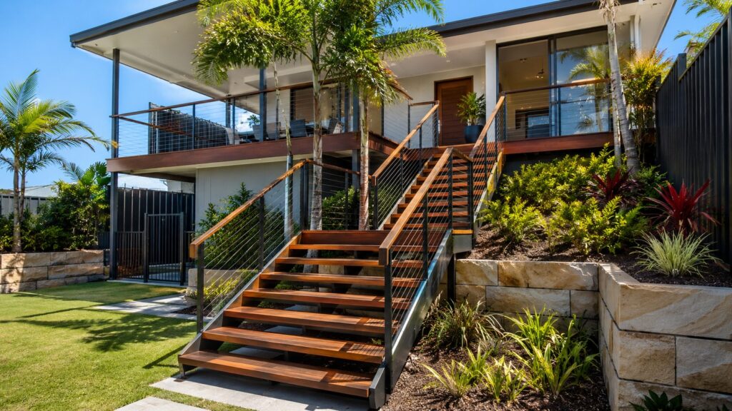 Custom outdoor timber staircase connecting multiple levels of a sloping residential property.