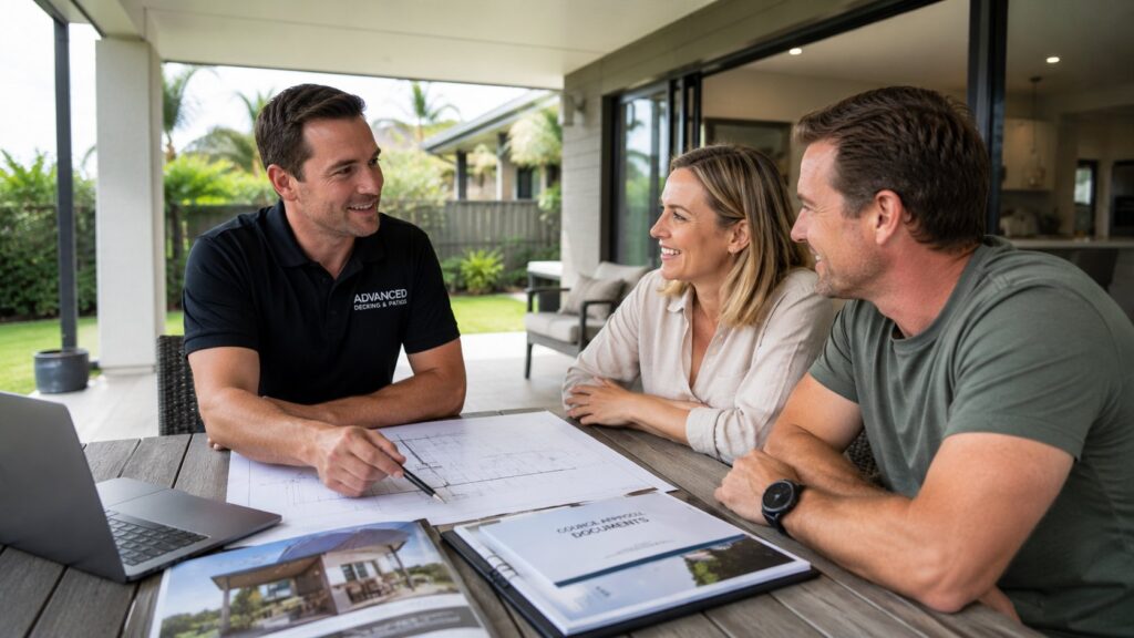 Patio Design Red Flags: 7 Signs a Builder Doesn't Know Coastal Conditions 2 Licensed builder reviewing patio plans, approvals, and project details with homeowners.