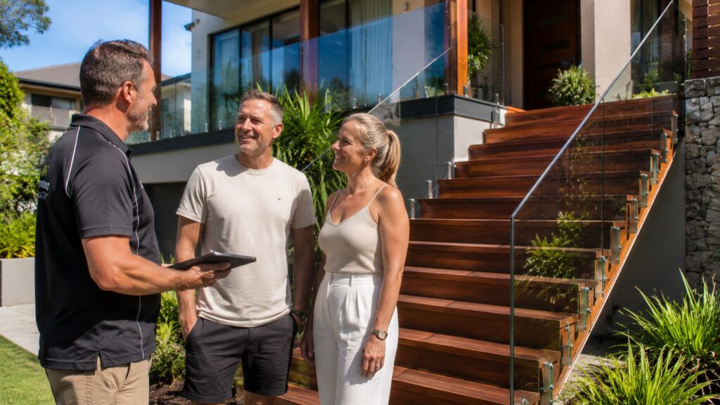 Stairs Upper Coomera 3 Professional staircase builder speaking with homeowners beside a completed custom staircase in Upper Coomera.