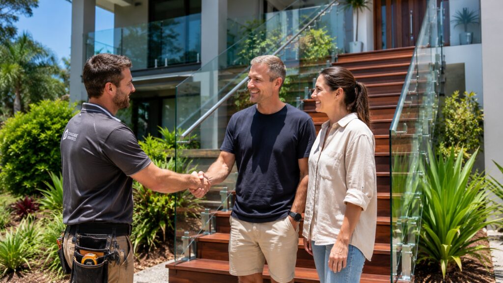 Homeowners meeting their staircase builder after completion of a custom staircase project.