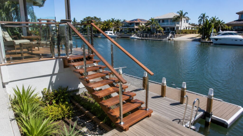 Timber stairs connecting a waterfront deck to a private pontoon.