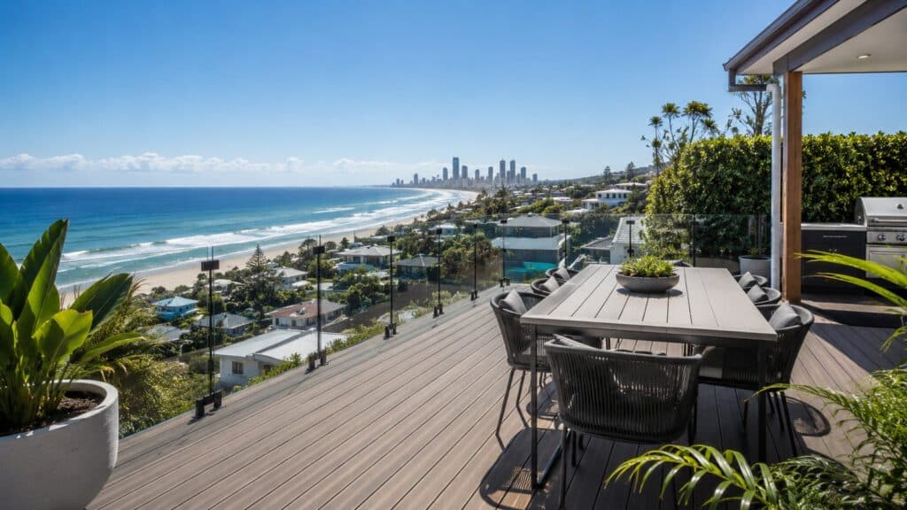 Composite deck with outdoor furniture overlooking the coastline on a sunny day.