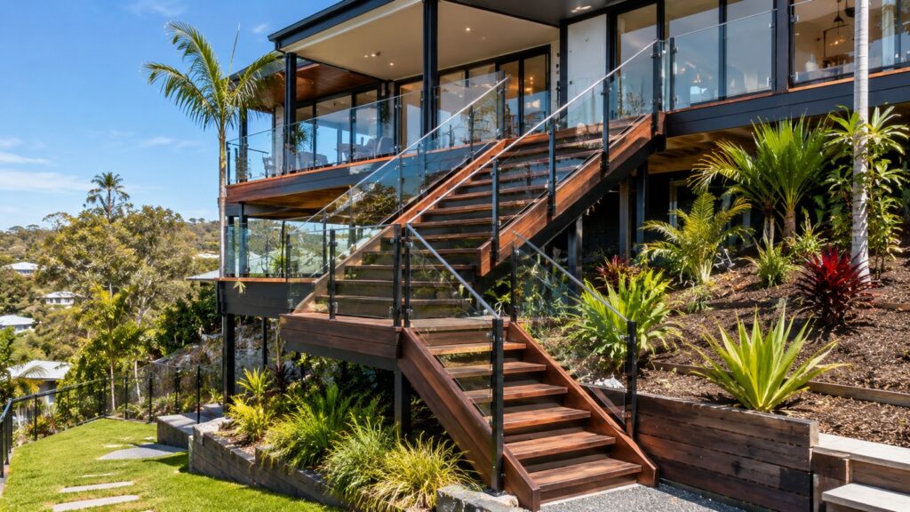 Multi-level staircase designed for a sloping residential block in Highland Park.