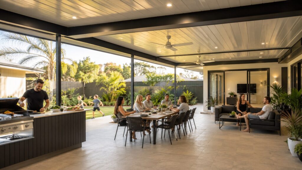 When a Patio Extension Makes More Sense Than a Full Outdoor Room 3 Family using an extended patio with separate cooking, dining and lounge areas.
