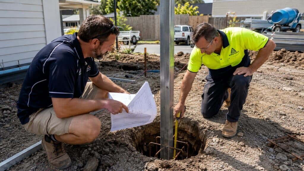 Carport Footings & Engineering: What Homeowners Rarely Get Told 3 Building certifier checking a carport footing against approved engineering dimensions before the concrete pour.