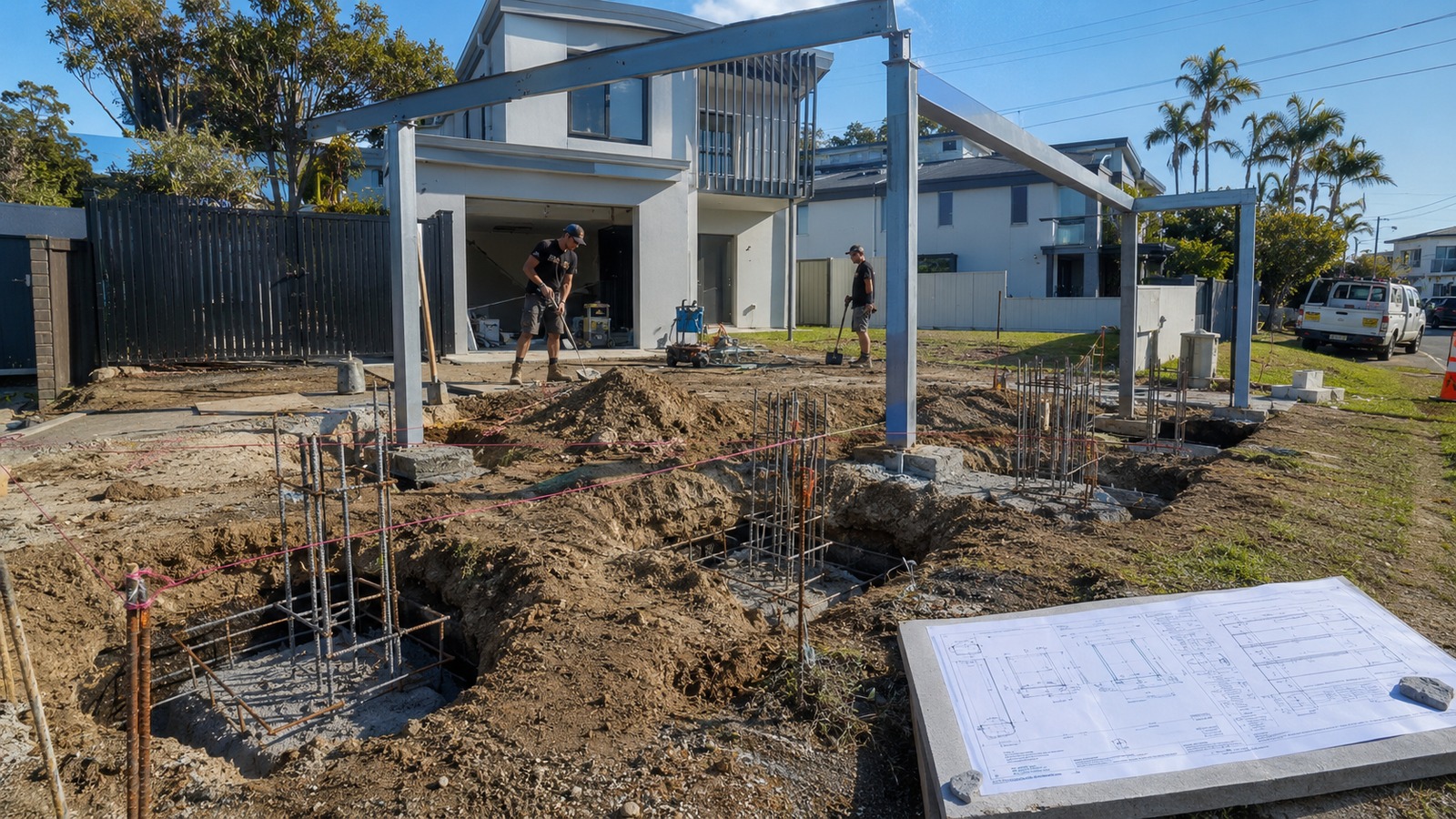 Carport Footings & Engineering: What Homeowners Rarely Get Told 2 Builders installing engineered steel posts and reinforced concrete footings for a carport at a Gold Coast home.