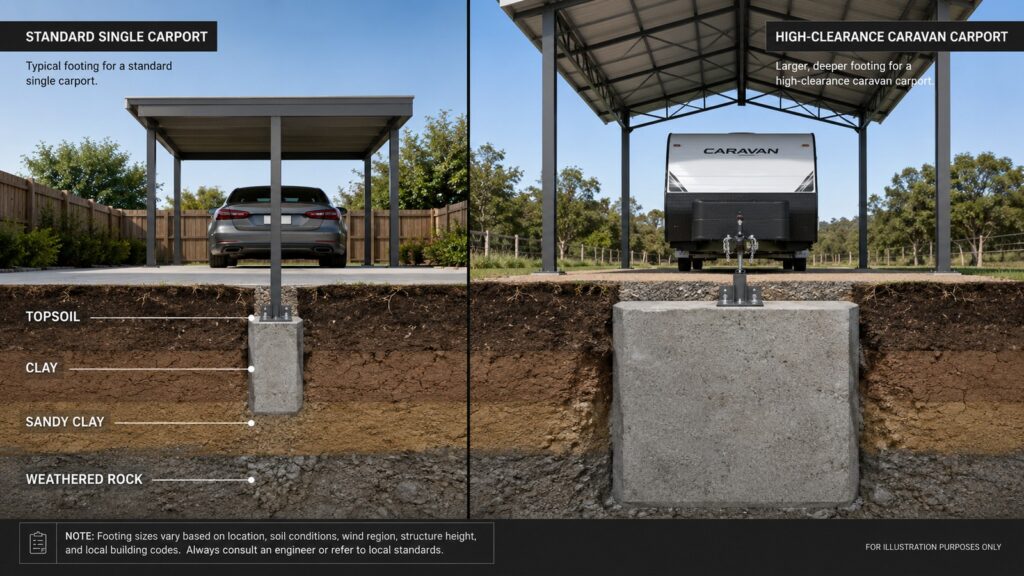 Carport Footings & Engineering: What Homeowners Rarely Get Told 1 Comparison between a smaller single-carport footing and a deeper footing designed for a tall caravan carport.