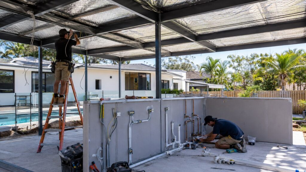Electrical wiring and plumbing being installed during construction for a future patio outdoor kitchen.